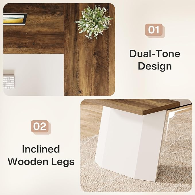 Tribesigns 78.7" L-Shaped Executive Desk, Modern Office Desk with 55.1" Storage Cabinet, Large Computer Table with Drawers and Shelves, Business Furniture Workstation for Home Office, Brown & White