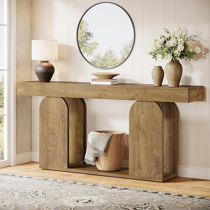 Tribesigns 70.9-Inch Extra Long Sofa Table, Farmhouse Console Tables with Wood Frame and Storage Shelf, 2-Tier Wood Table Behind Couch for Living Room, Hallway, Foyer, Light Brown