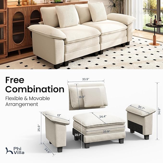 PHI VILLA Indoor Modular Couches Sets, 87.5" Sectional Loveseat Sofa with Upholstered Deep Seat, 2-Seater Comfy Couches for Living Room Bedroom, Chenille Fabric, Beige