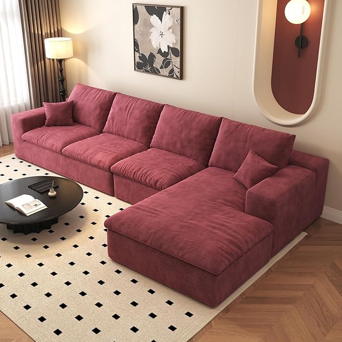 136.6'' L-Shaped Modern Modular Sectional Cloud Couch, 4-Seat Chenille Deep-Seat Sofa with Pillow for Living Room, Bedroom, Apartment, Wine Red