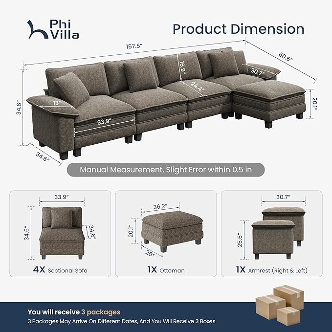 PHI VILLA Cloud Modular Couch Sets, 157.5" Sectional Sofa with L-Shaped Chaise, 5-Seater Upholstered Couches with Movable Ottoman for Living Room, Chenille Fabric, Smoky Grey