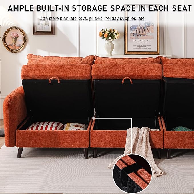 135'' Modular Sectional Sofa with Storage Seat,Oversized L Shaped Couch,6 Seater Couches for Living Room,Bedroom,Velet,Orange