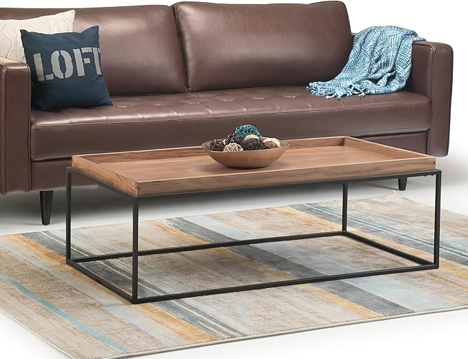 SIMPLIHOME Carter Coffee Table - 47 inch Wide Solid Acacia Wood Industrial Tray Top Cocktail Table in Natural Acacia, Stylish Living Room Table with Fixed Tray Shelf and Metal Base