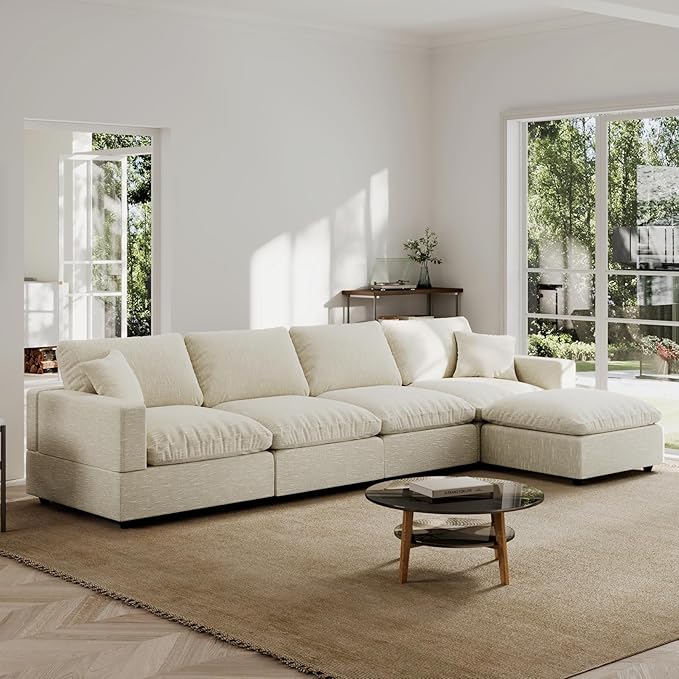 Modern Sectional Linen Couch for Living Room L-Shape Sofas,5 Seat Modular Cloud Sofas,Couches Cushion Covers Removable,Cozy Feather Down Sofa for Apartment Beige