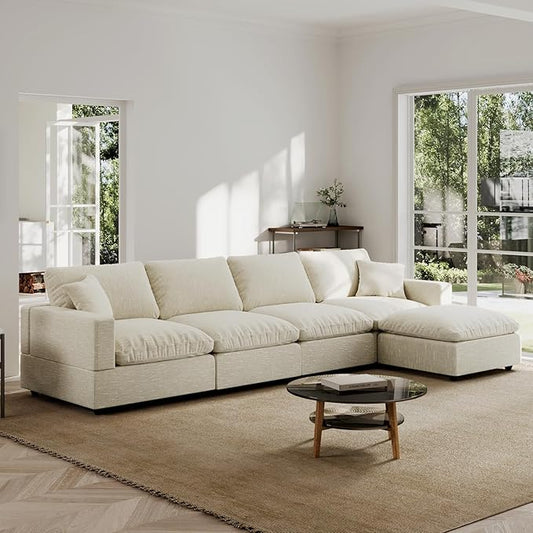 Modern Sectional Linen Couch for Living Room L-Shape Sofas,5 Seat Modular Cloud Sofas,Couches Cushion Covers Removable,Cozy Feather Down Sofa for Apartment Beige