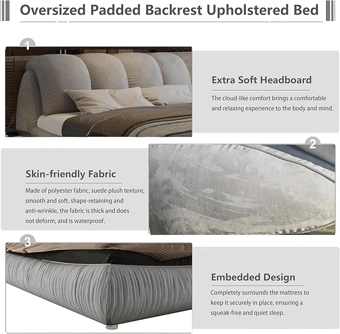 Queen Size Upholstered Platform Bed with Oversized Padded Backrest and Solid Wood Frame for Bedroom, Apartment Room, Black