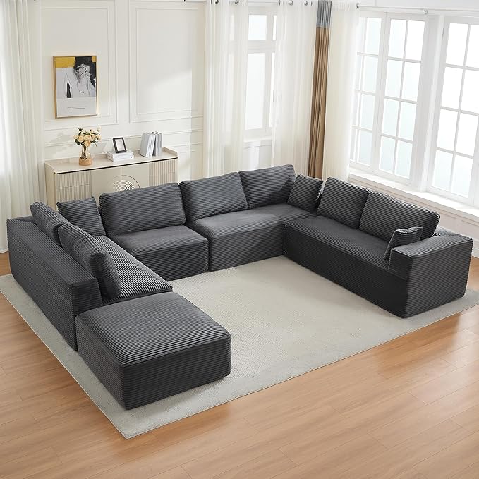 Modular Sectional Cloud Couch for Living Room,Modern Boneless Couche Set with Plush Corduroy,Comfy Floor Sofa with Memory Foam,Stupendous U Shaped Sofa with Chaise,No Assembly Required,Grey