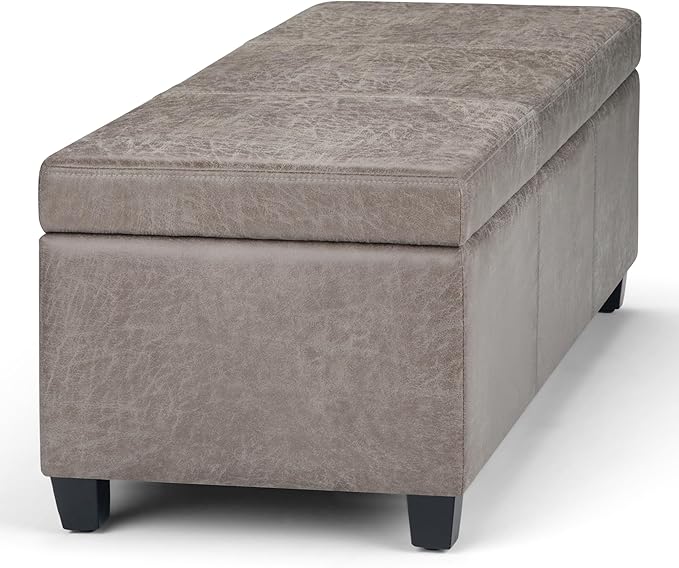 SIMPLIHOME Avalon Storage Ottoman Bench - 48 inch Wide Upholstered Vegan Leather Rectangular Lift-Top Ottoman in Distressed Grey Taupe, Contemporary Bench for Living Room with High-Density Foam