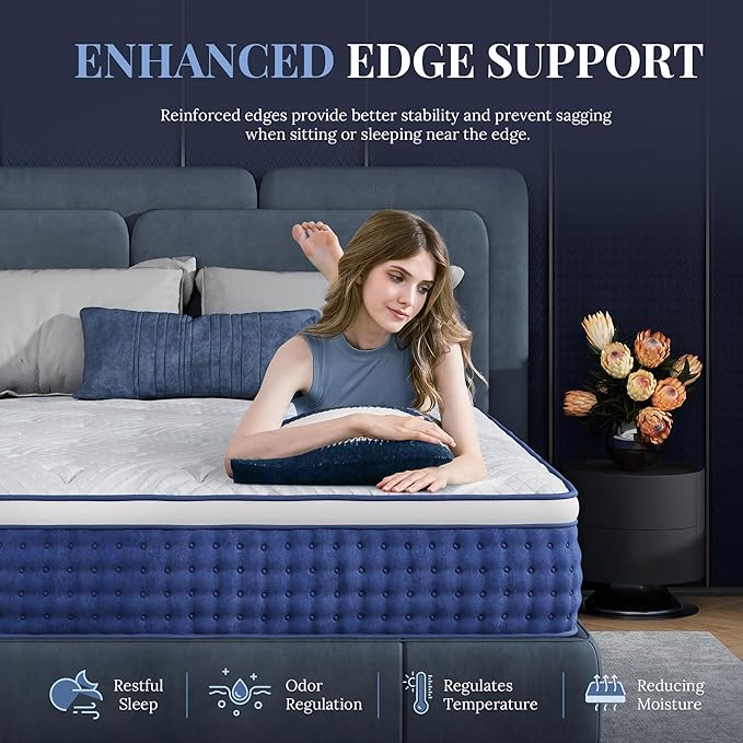 Full Size Mattress, 12 Inch Full Hybrid Mattress in a Box, Medium Feel Foam and Individual Pocket Springs, Extra Edge Support, Pressure Relief, CertiPUR-US, Blue
