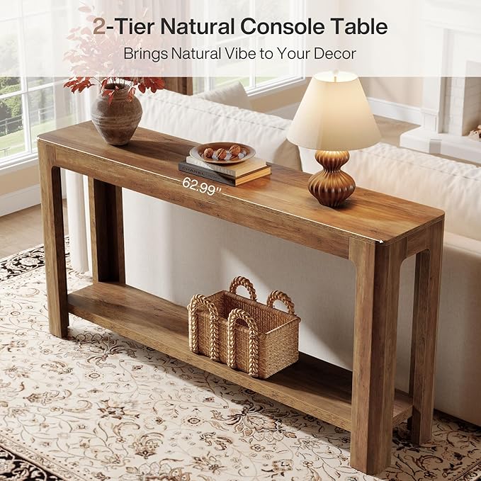 Tribesigns 63 Inch Entryway Console Table, 2-Tier Farmhouse Narrow Sofa Table Behind Couch, Accent Entrance Console Furniture for Entryway, Foyer, Hallway, Rustic Brown
