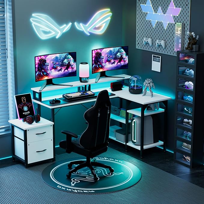 YOUNGAR Office Desk L Shape with File Drawers&Power Outlet, 69.3 Inch Reversible L Shaped Computer Desks,Corner L Shape or Long Desk Set up, Monitor Stand &Storage Shelves,LED Lights&CPU Stand,White