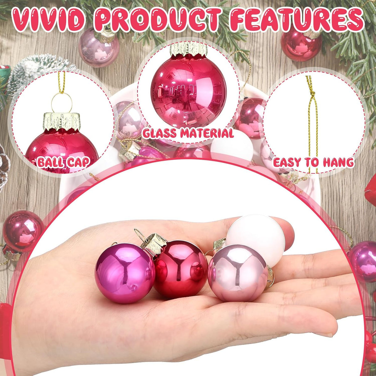 Tioncy 32 Pcs 1 Inch Mini Glass Christmas Ornaments Balls Shiny Christmas Balls Tiny Tree Hanging Decoration Small Colorful Ball Pendant for Xmas Party Supplies(Pink Series, White)