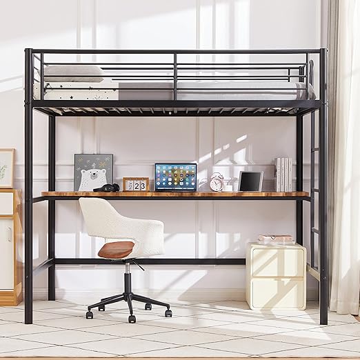 VECELO Metal Loft Bed Twin Size with Desk, Heavy Duty Bedframe with Removable Ladder and Safety Guardrail, Space-Saving, Noise Free, No Box Spring Needed, Matte Black