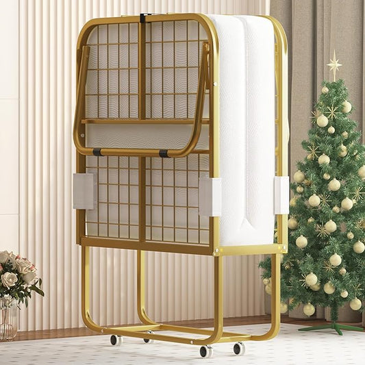 Mjkone Folding Bed with 5 Inch Memory Foam Mattress, Single Rollaway Bed for Guests, Space Saving Portable Bed with Lockable Wheels, Easy Assembly & Moving, 75 x 38 -Gold