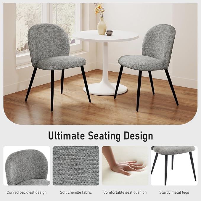 Upholstered Dining Chairs Set of 4, Modern Kitchen Side Chair with Padded Seat Comfortable Chenille Fabric Study Black Matel Legs,Desk Chair with Back for Dining Rooms, Gray