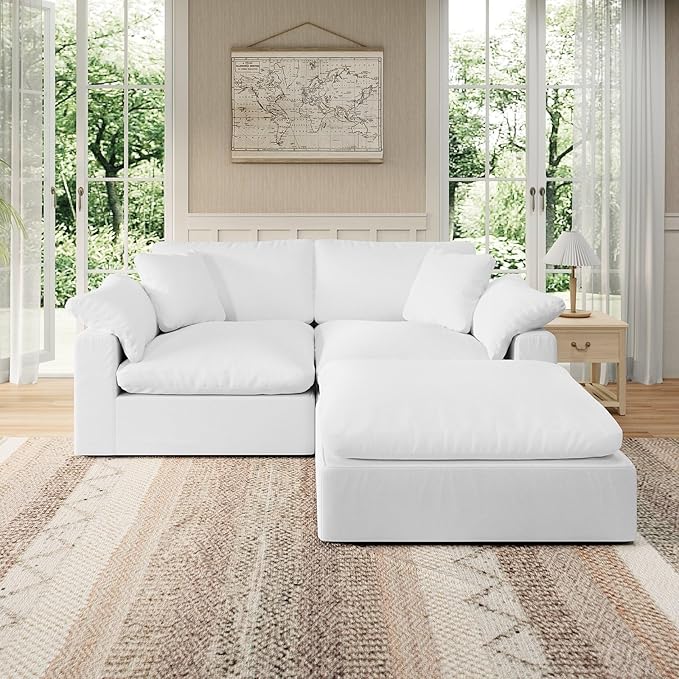 Modular Sectional Sofa Cloud Couch,Down Filled Comfy Cloud Modern Sofa,White Linen L Shape Oversized Couch Cushion Covers Removable for Living Room