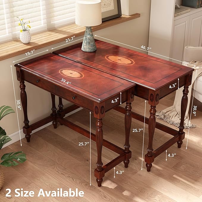 Solid Wood Computer Writing Desk with 2 Big Drawers 46.1" Wide Home Office Desk Workstation Big Rustic Study Table Furniture in Cherry for Home Office Bedroom Living Room, BSZ-1533WD