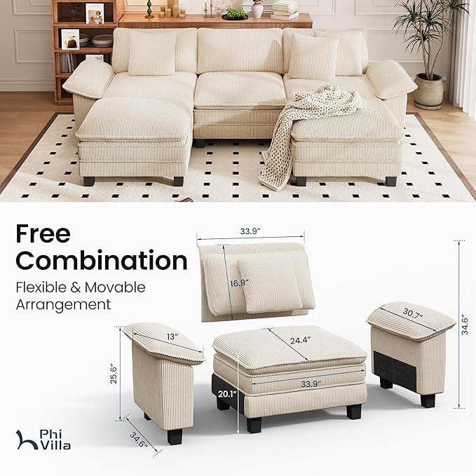 PHI VILLA Cloud Modular Couch Sets, 123.6" Sectional Sofa with U-Shaped Chaise, 5-Seater Couches with 2 Movable Ottomans for Living Room, Corduroy Fabric, Beige