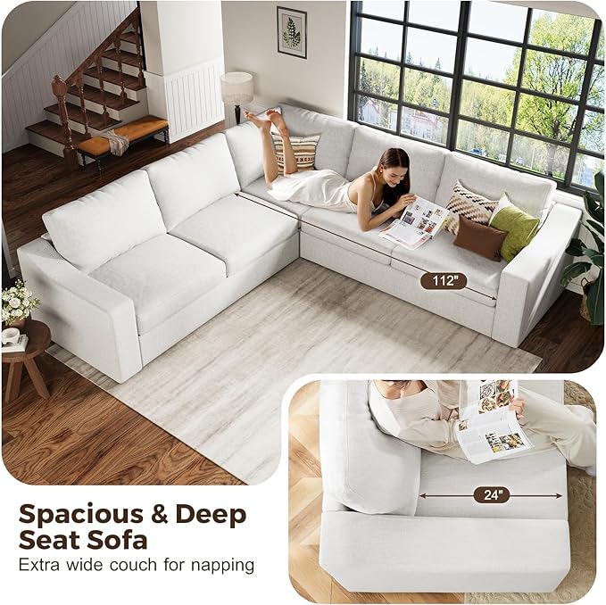 ABCASA 112" L Shaped Sectional Sofa with Detachable Sofa Cover, Reversible Sectional Modular Couch for Living Room, Linen Fabric Corner Couch with 7 Seats, Ivory