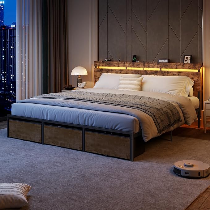 Forestell King Size Bed Frame with Wood Headboard, Metal Platform Bed with 3 Storage Drawers & Shelf, Built-in Charging Station & LED Lights, No Box Spring Needed, Vintage Brown, Camas King
