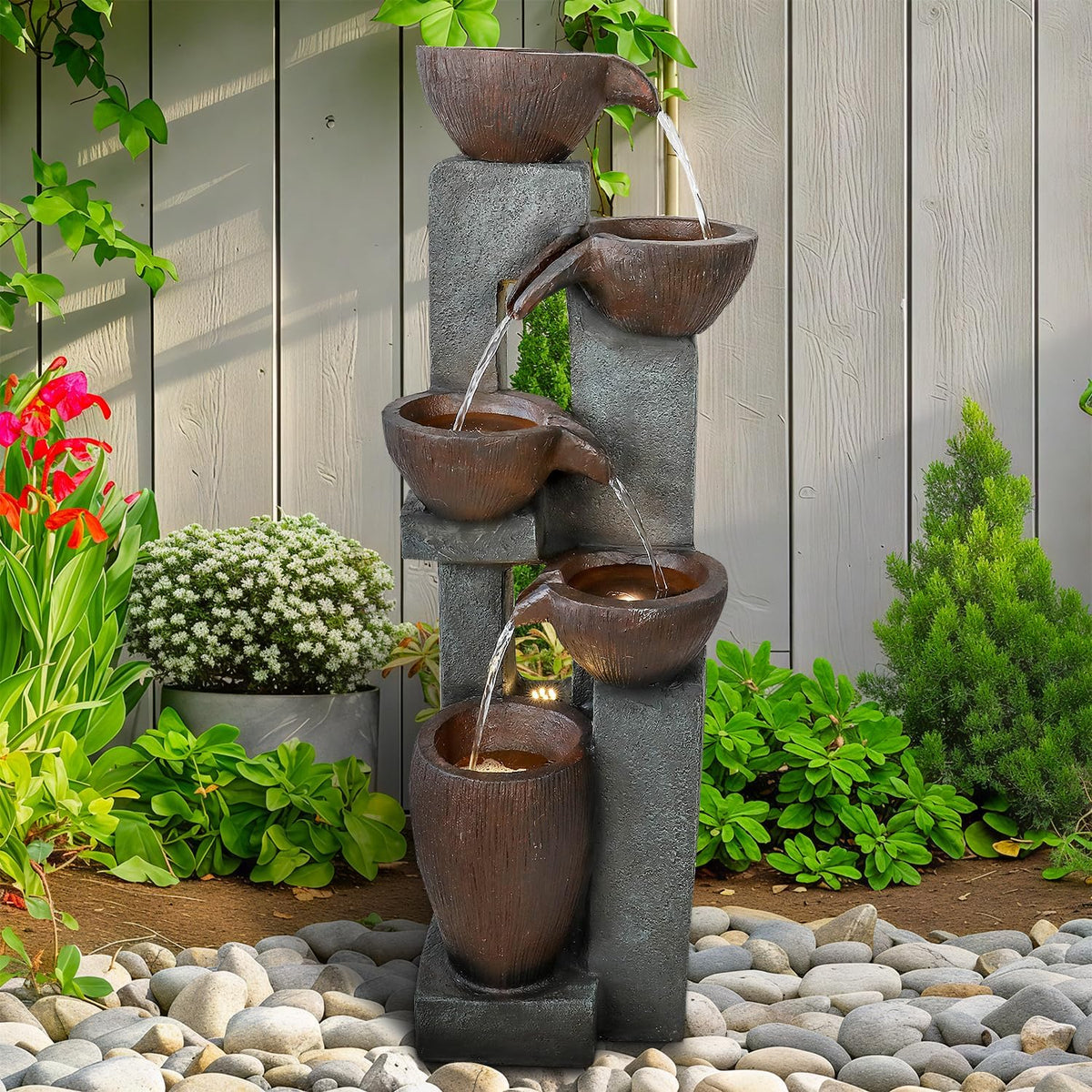 Naturefalls 39” H Modern Outdoor Fountain - 5 Crocks Outdoor Garden Fountains with Contemporary Design&LED Light for Garden, Patio, Deck, Porch, Backyard and Home Art Decor
