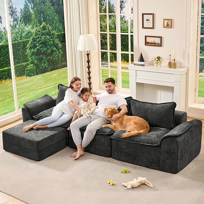 Hobestluk 120" Cloud Modular Sectional Couch 3-Seater Sofa with Ottoman L Shaped Sofa with Removable Cover Large Sofa Couch for Living Room (Dark Grey, 3-Seater Sofa with One Ottoman)