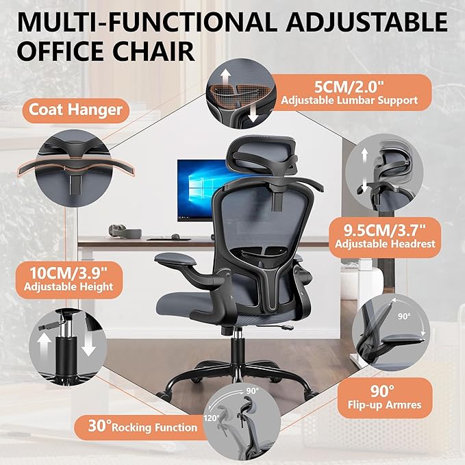 FelixKing Ergonomic Office Desk Chair with Headrest, Adjustable Lumbar Support, Height and Swivel, Comfy Task Chair with Flip-up Armrests, Ergo Mesh Backrest for Working Dark Gray
