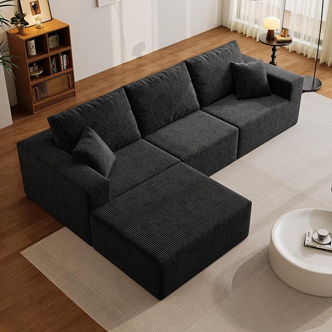 110" Boneless Cloud Sectional Couch for Living Room, Compressed Modular L-Shaped Sofa with Deep Seat, Frameless Corduroy Couch in Boxes, No Assembly Required 3-Seater (Left-Facing Chaise, Black)