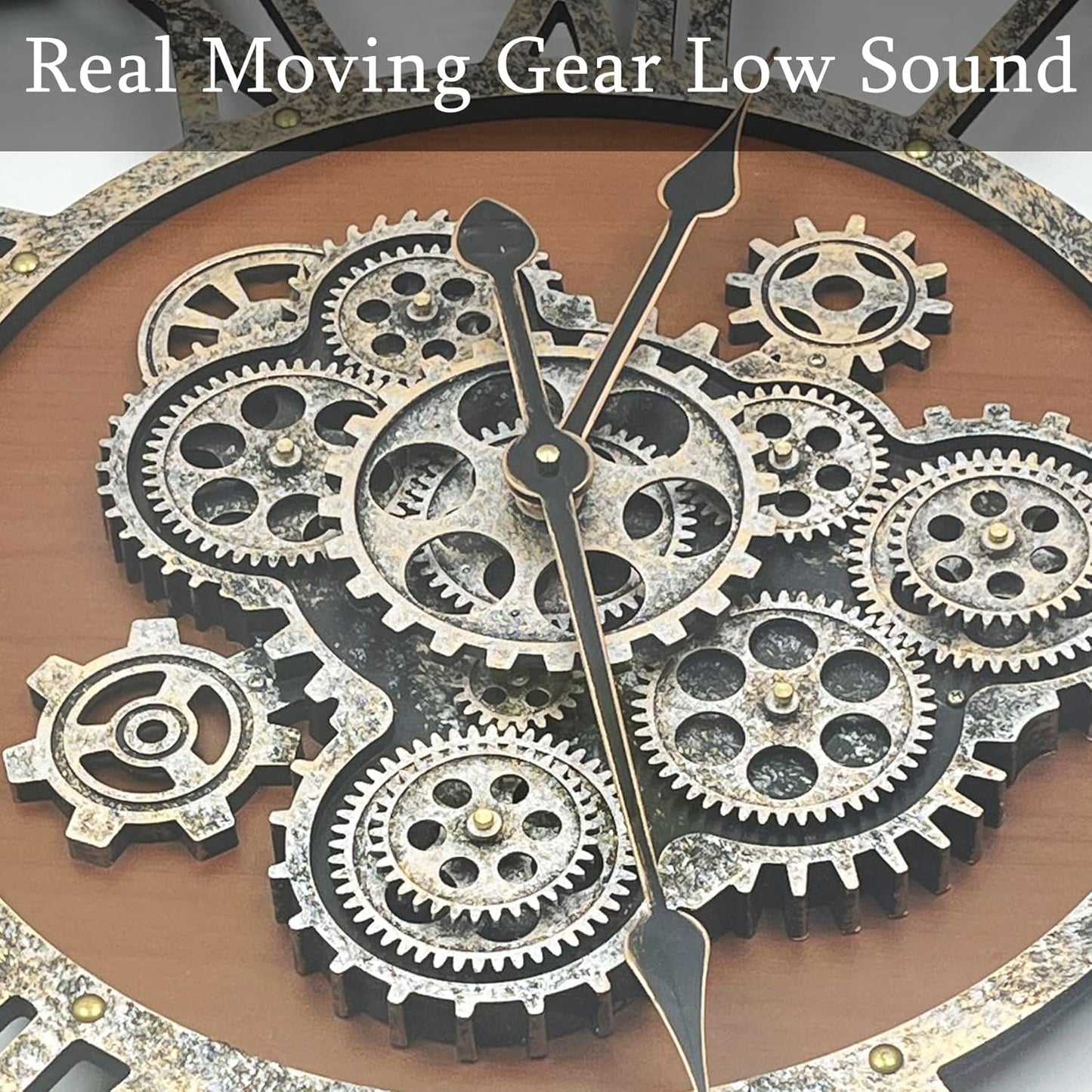 24 Inch Moving Gear Wall Clock, Oversized Wall Clocks, Clock Living Room Decor, Solid Wood Frame, Battery Operated, Large Wall Clock with Steampunk Industrial for Fireplace(Machilus)