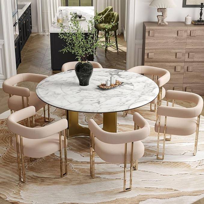 Velvet Dining Chairs Set of 6, Khaki Upholstered Barrel Armchairs with Gold Metal Legs for Kitchen Island, Mid Century Modern Accent Side Chairs for Dining Room and Living Room, Open-Back