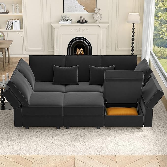 Vesgantti Sectional Sleeper Sofas with Storage, 92" Sofa Bed with 6 Seats Storage Chaises Removeble Cover, Deep Seat Modular Couches Velvet Couch Set for Living Room, Apartment, Home Theatre, Black