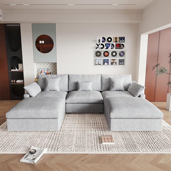 JACH U Shaped Sectional Couches, Cloud Sectional Couch with Deep Seat, 119" Down Filled Modular Sofa with Chaise, Covers Removeable & Washable, Sofas Furniture for Living Room, Light Grey