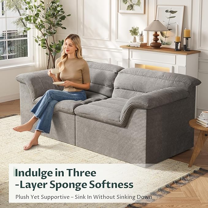 88" Sofa with Deep Seats Oversize, 3 Seater Cloud Couches, Upholstered Corduroy Couch for Living Room Bedroom, No Assembly Required, Light Gray