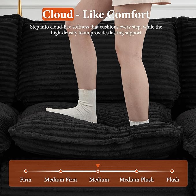 108" Sectional Couches for Living Room Boneless Couch Upholstered Cloud Couch Sectional Modular Sectional Sofa with L Shaped (Corduroy-Black, 3 Seat+1 Ottoman)