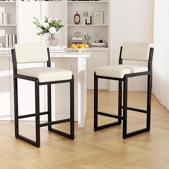 Bar Stools Set of 6, Fabric Counter Height Bar Stools with High Back and Metal Legs, Upholstered Bar Chairs, 26" Modern Barstools for Kitchen Island, Beige
