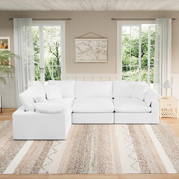 Modular Sectional Sofa Cloud Couch,Down Filled Comfy Cloud Modern Sofa,White Linen Oversized Couch Cushion Covers Removable for Living Room