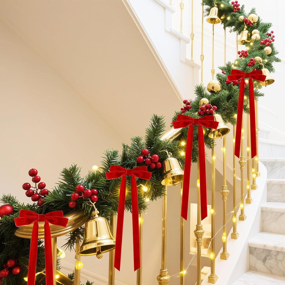 Senjie 10Pcs Large Velvet Christmas Tree Bows, 20in x 8in Premade Vintage Ribbon Tree Topper Bows Ornaments for Staircase Garland Wreath Holiday Home DIY Crafts Decorations, Red