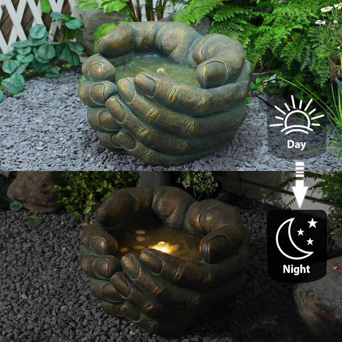 Water Fountain Zen Outdoor Fountains Garden Buddha's Hand Bubbler with Lights & Pump for Patio Porch Deck Yard Home Decor, 19.7''H x 17.5''L x12.2''W