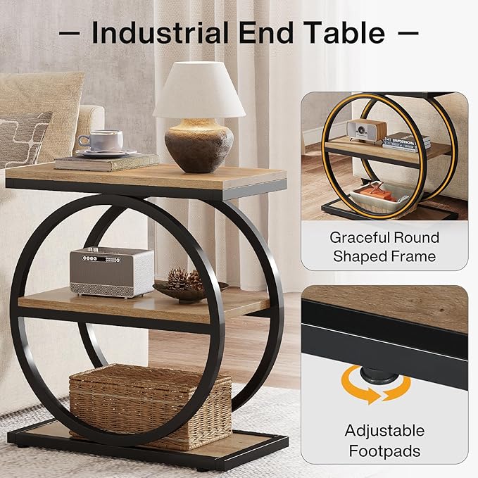 Tribesigns Side End Table with 3 Storage Shelves, Industrial Sofa Table with Round Metal Frame for Living Room, Engineered Wood Nightstand for Bedroom, Oak