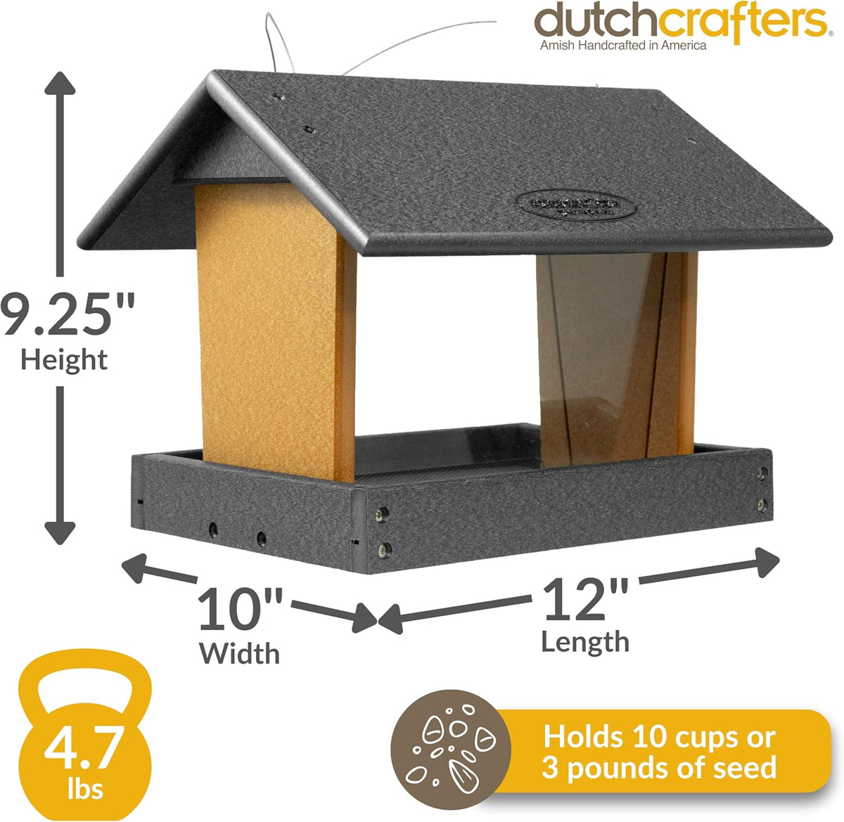 Poly Hanging Hopper Bird Feeder, Large Hanging Bird Feeder for Outside, Outdoors - Amish American Made (Black & Cedar)
