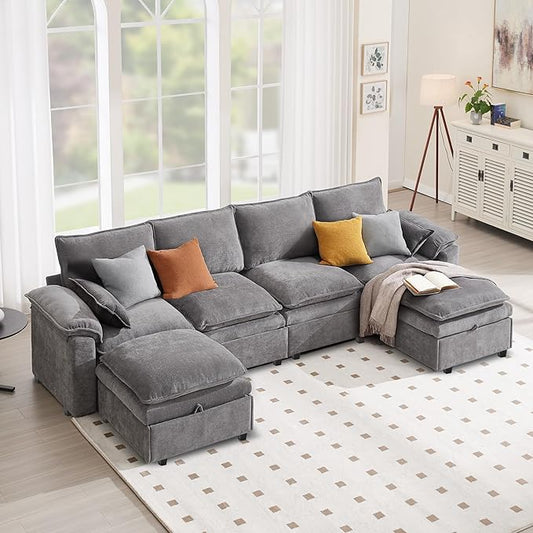 130" U Shaped Modular Sectional Sofa, Couch with Ottoman Storage, Chenille Cloud Couch with Plush Deep Seating for Living Room, Bedroom (6 Seat, Light Grey)