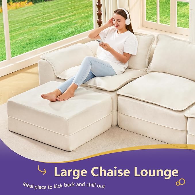 Hobestluk 152" Cloud Modular Sectional Couch 4-Seater Sofa with Ottomans U Shaped Couch Deep Seat Sofa with Removable Cover for Living Room (Beige, 4-Seater Sofa with Two Ottomans)