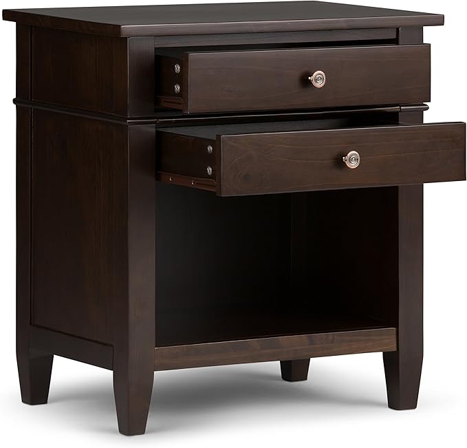SIMPLIHOME Carlton Bedside Table - 24 inch Wide Solid Wood Nightstand Table in Dark Tobacco Brown, Transitional Bedroom Side or End Table with 2 Drawers, Open Storage Shelf and Bronze Hardware