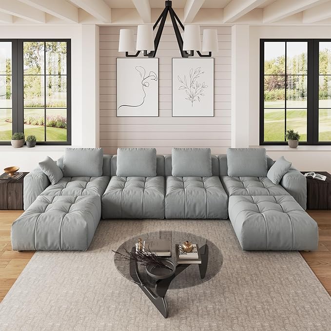Cloud Sectional Couches, Comfort Linen U-Shape Modular Sofas with Wide Deep Seat, Down Filled Modern Upholstered Sofa Couch for Living Room, Apartment,Grey