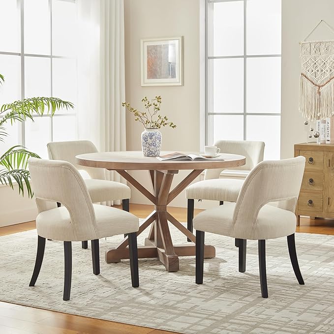 VKNOW Wooden Dining Chairs Set of 4, Modern Fabric Upholstered Dining Room Chair Kitchen Chairs, Farmhouse Dinner Chair for Kitchen Dining Room, Beige-Black Legs