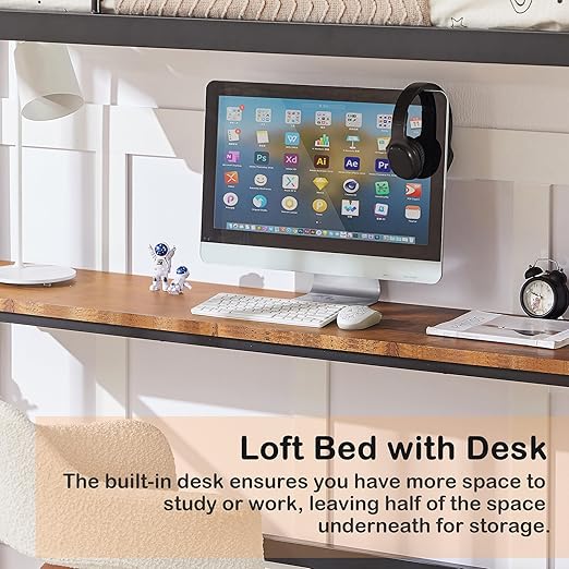 VECELO Metal Loft Bed Twin Size with Desk, Heavy Duty Bedframe with Removable Ladder and Safety Guardrail, Space-Saving, Noise Free, No Box Spring Needed, Matte Black