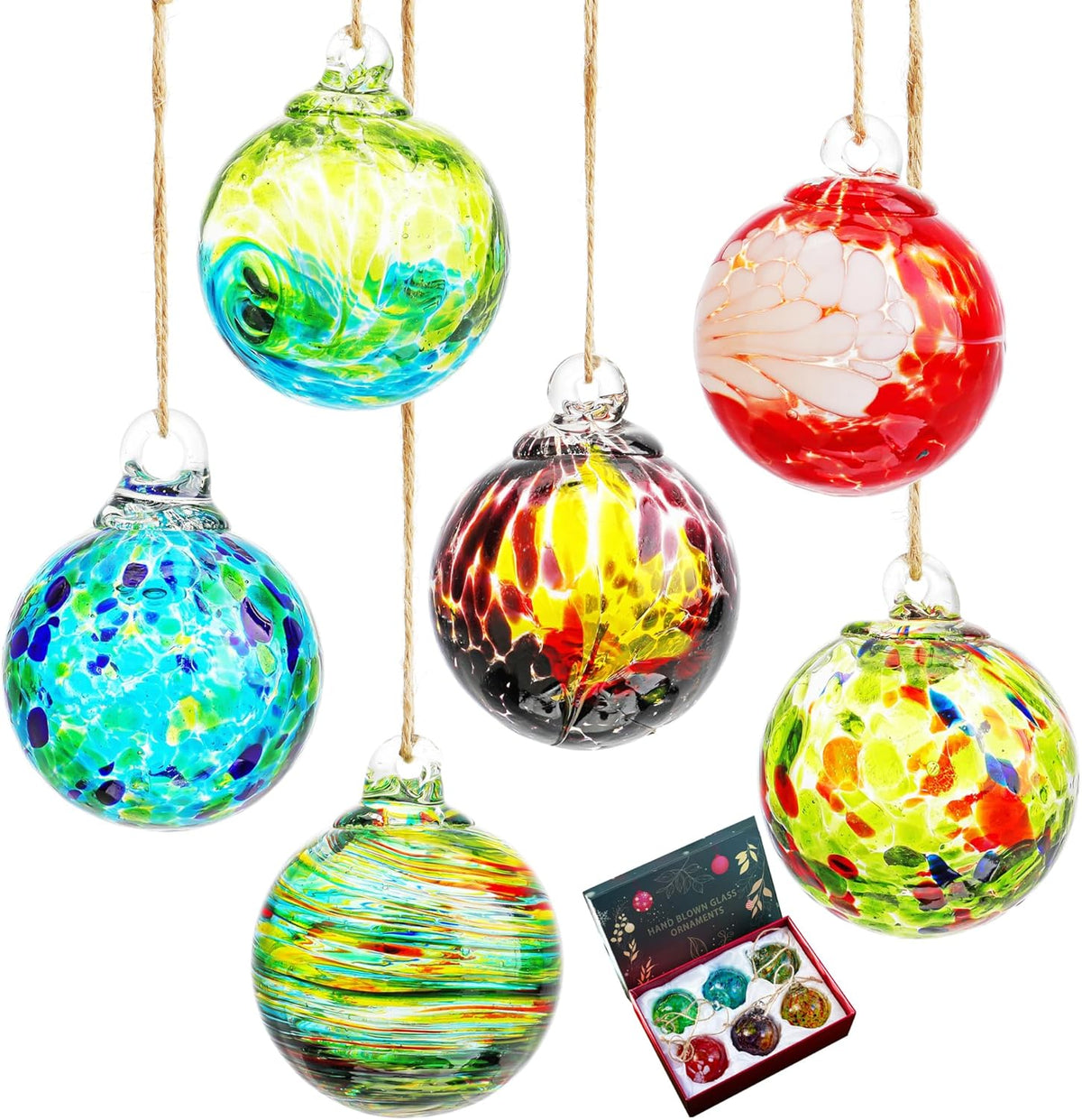 6pcs Hand-Blown Glass Christmas Ornaments Balls Hanging Friendship Balls Glass Witches Ball Gazing Ball for Home Window Outdoor Garden Patio Décor Gifts for mom