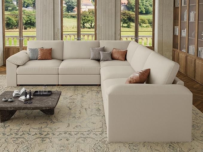 EASE MOOSE Oversized Corner Modular Sectional Sofa, Faux Leather Sectional Sofa with Deep Seat, Scratch Resistant Faux Leather Material, Extra Large L Shaped Couch, Beige