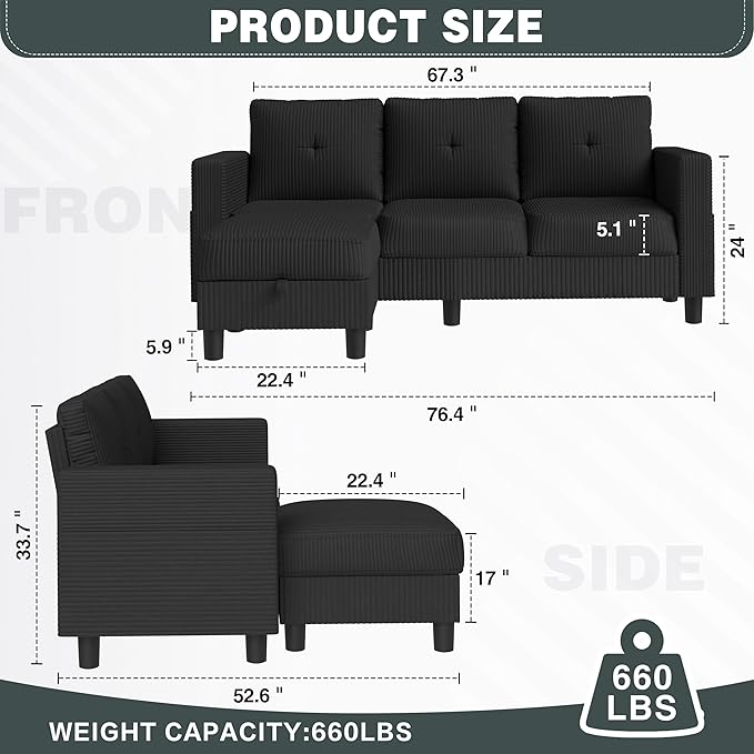 JY QAQA Convertible Sectional Sofa Couch with 3-Seat Sofa, L-Shaped Ottoman Couch with Modern Linen Fabric for Small Living Room, Apartment and Small Space(Black)