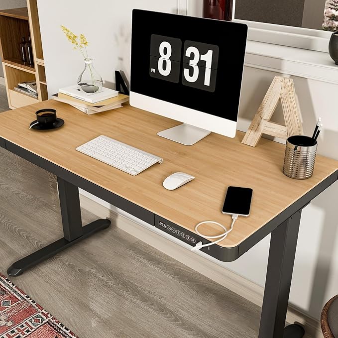 FLEXISPOT Electric Standing Desk with Drawer Storage Adjustable Height Quick Assembly Table w/USB Charge Ports (Natural Desktop + Black Frame)